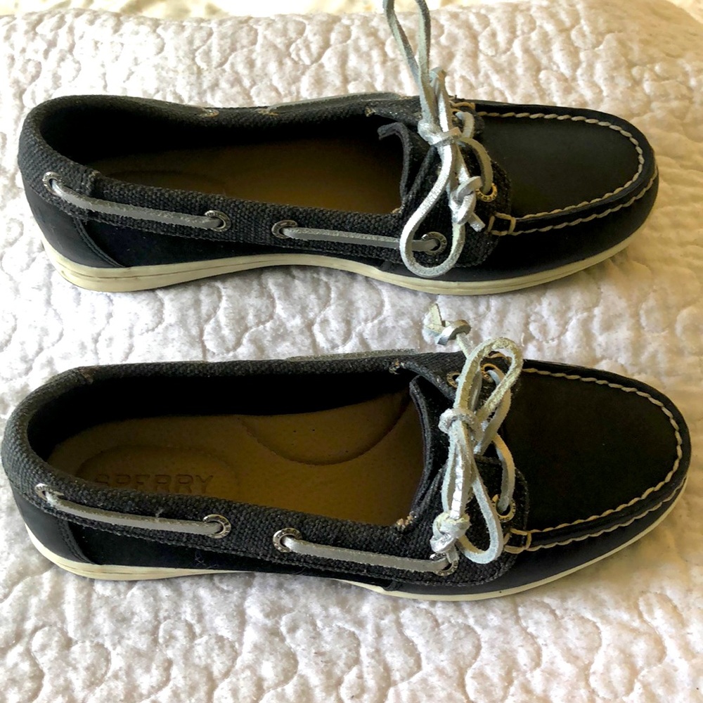 Sherry Black and Silver Leather Topsiders. Women’s size 5.5